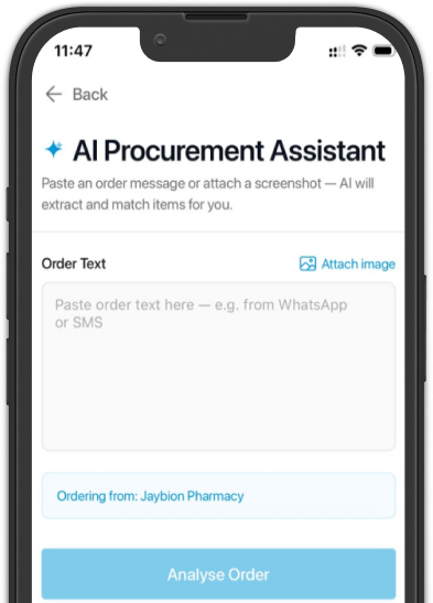 The AI Procurement Assistant screen in the Compre app, where you paste an order message or attach a screenshot