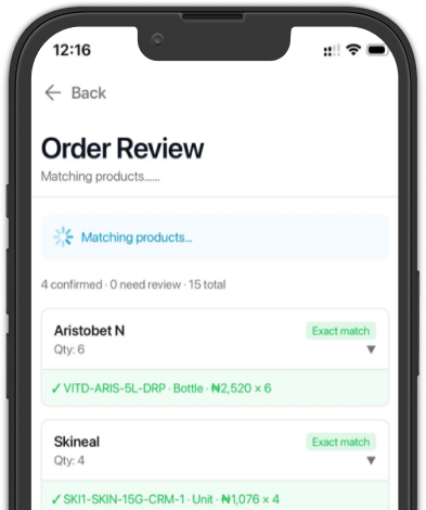 The Order Review screen in the Compre app, matching products to your order