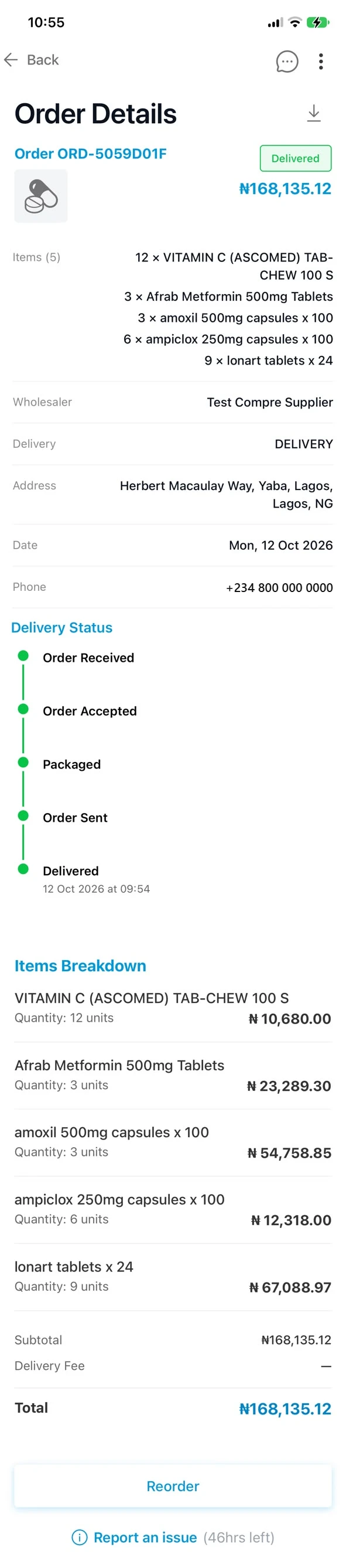 A delivered Test Compre Supplier order in the Compre app, showing its status, delivery timeline, itemised prices, total and a Reorder button