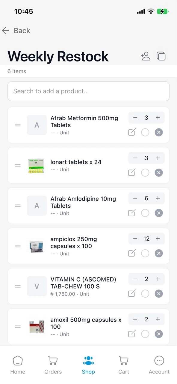 A shopping list called Weekly Restock in Test Compre Supplier’s Shop, with six products and their quantities