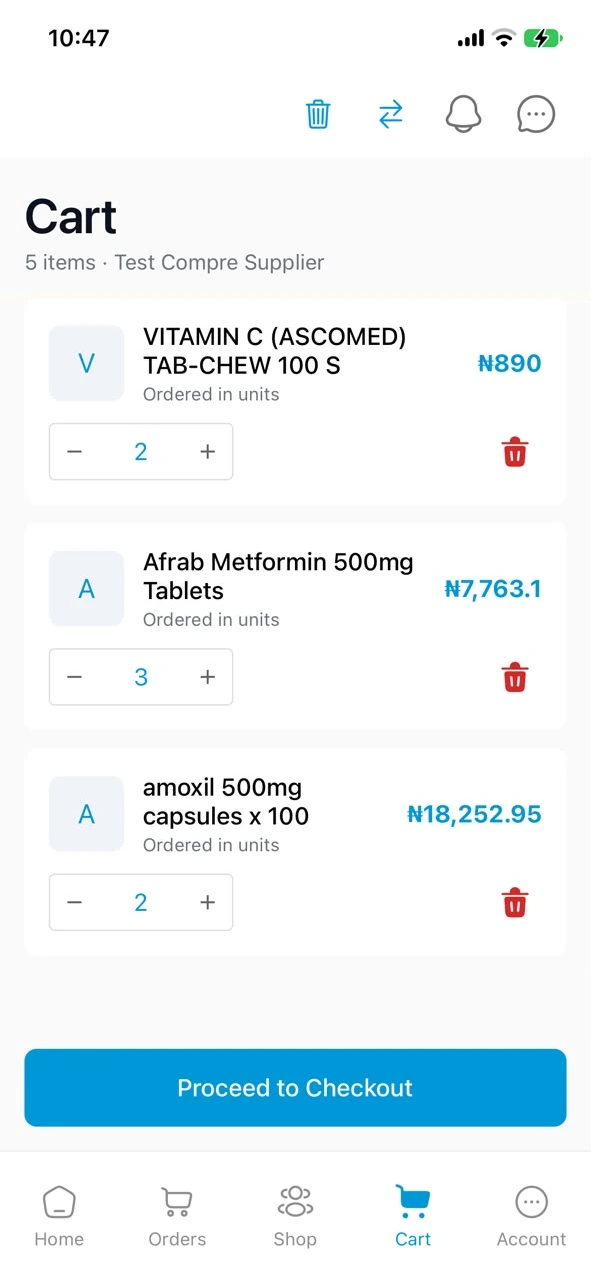 The Cart in the Compre app for Test Compre Supplier, listing items with quantities, prices and the Proceed to Checkout button
