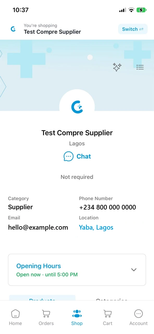 Test Compre Supplier’s Shop inside the Compre app, showing the shop name, contact details and opening hours