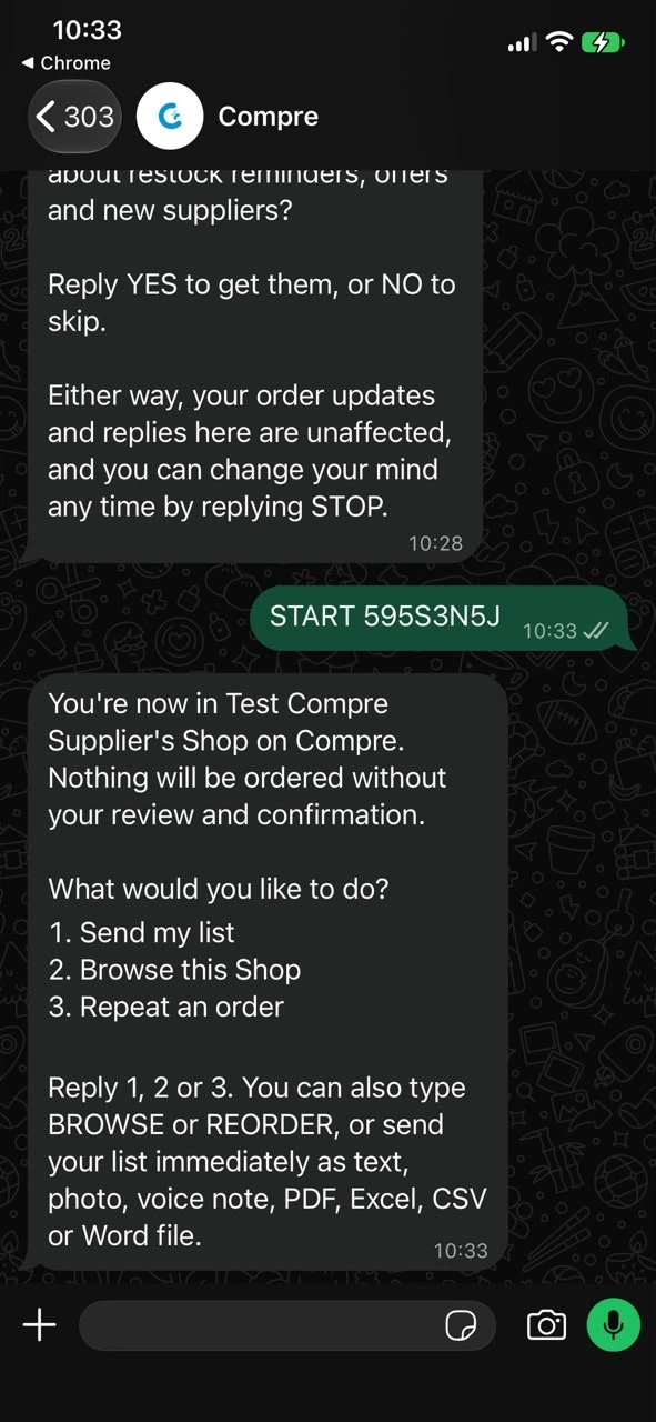 WhatsApp confirming you are now in Test Compre Supplier’s Shop on Compre, with the options Send my list, Browse this Shop and Repeat an order