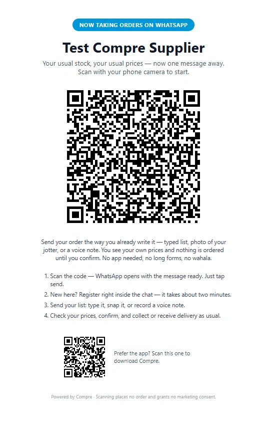 A Test Compre Supplier counter poster with a Compre Store QR code and the line “Now taking orders on WhatsApp”