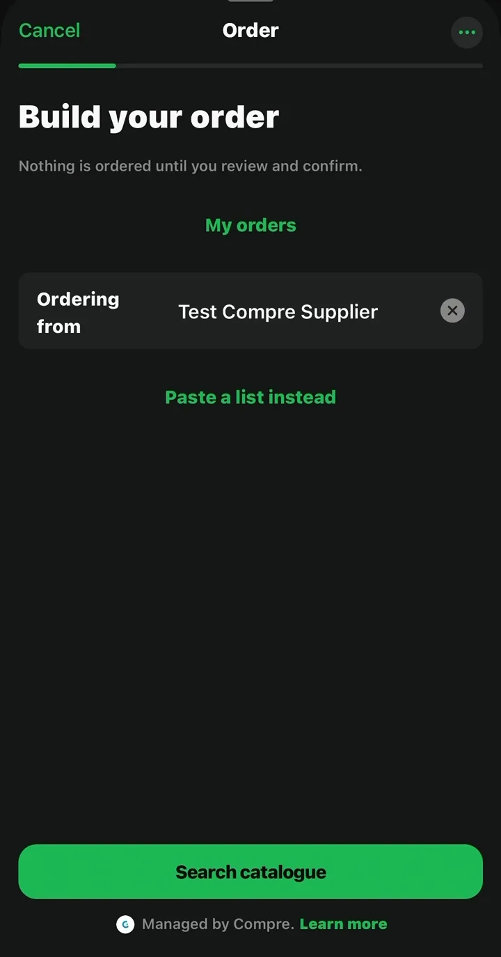 The Build your order screen in WhatsApp, showing Ordering from Test Compre Supplier
