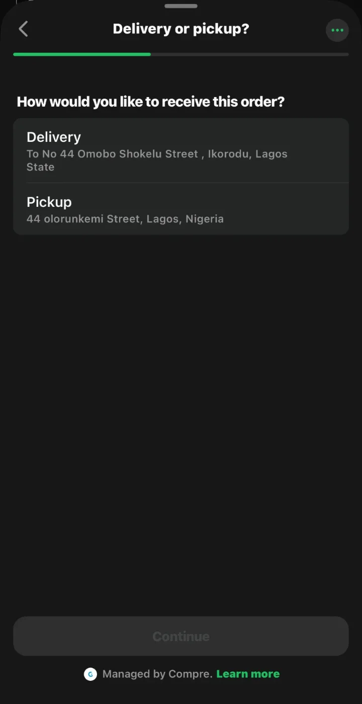 The Delivery or pickup? screen of the WhatsApp checkout, with delivery and pickup options