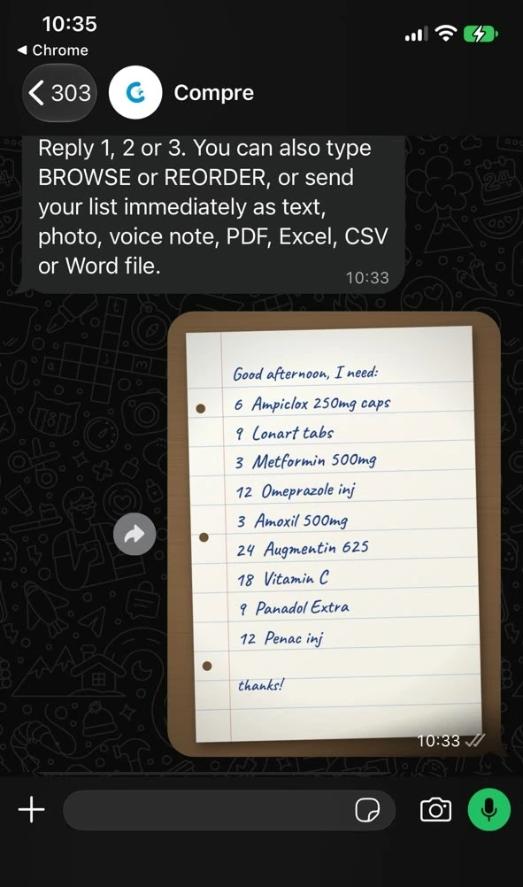 A handwritten medicine list on ruled paper, sent as a photo to Compre in WhatsApp
