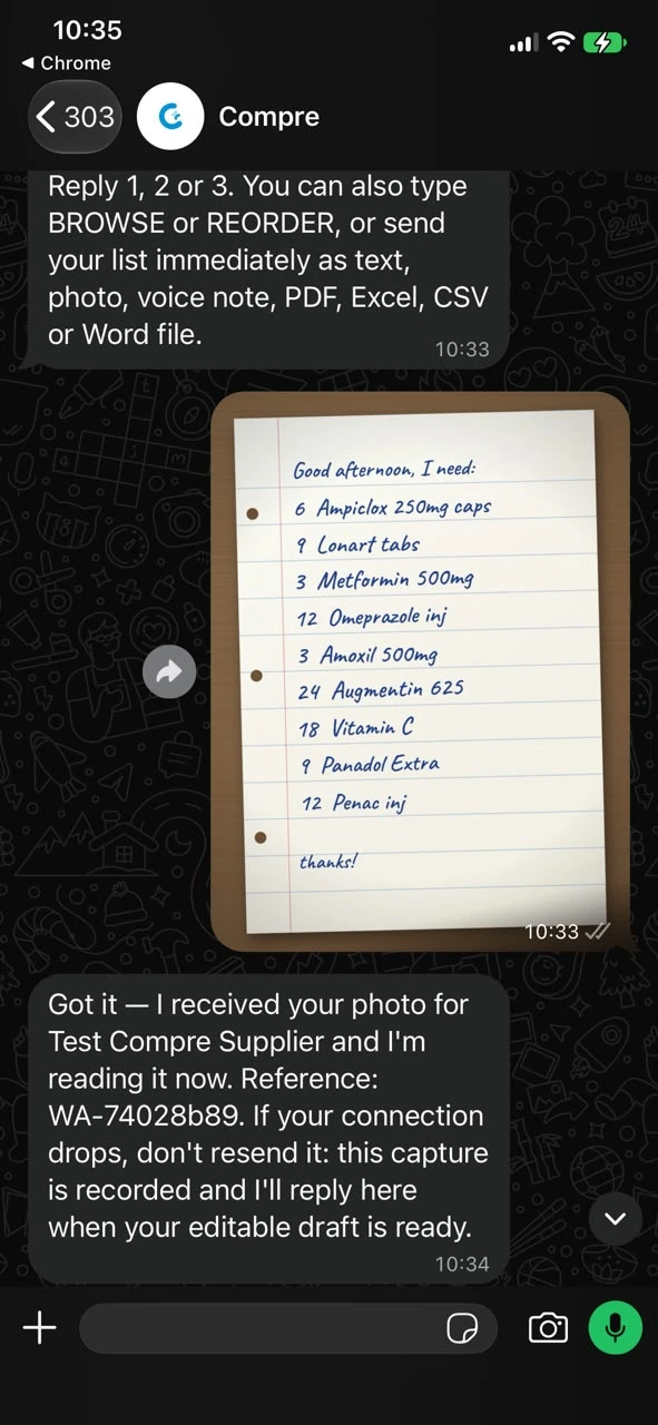 WhatsApp replying “Got it — I received your photo for Test Compre Supplier and I’m reading it now”, with a reference number