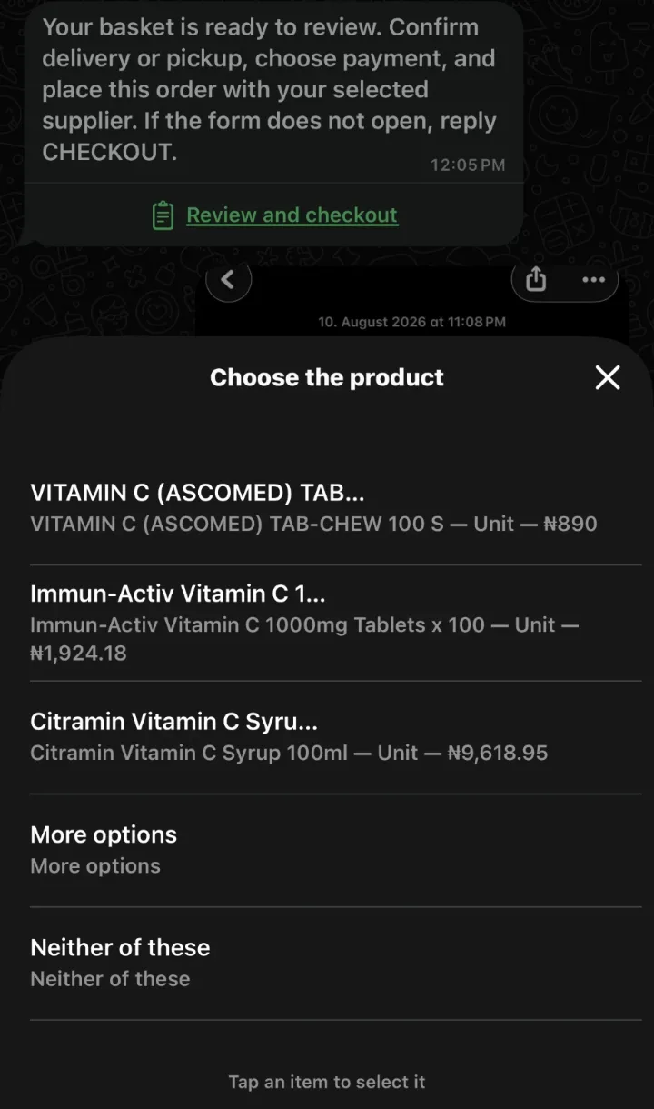 Compre’s Choose the product list offering three vitamin C products, with More options and Neither of these