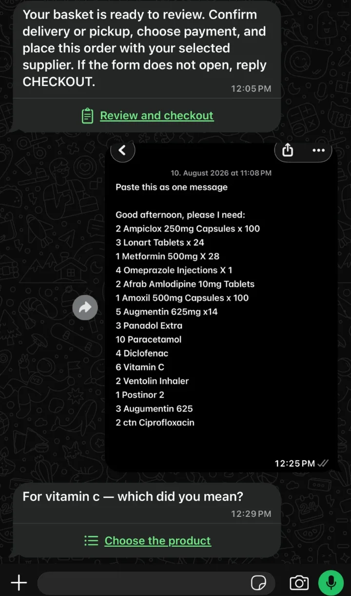 A typed medicine list in WhatsApp, and Compre asking “For vitamin c — which did you mean?”